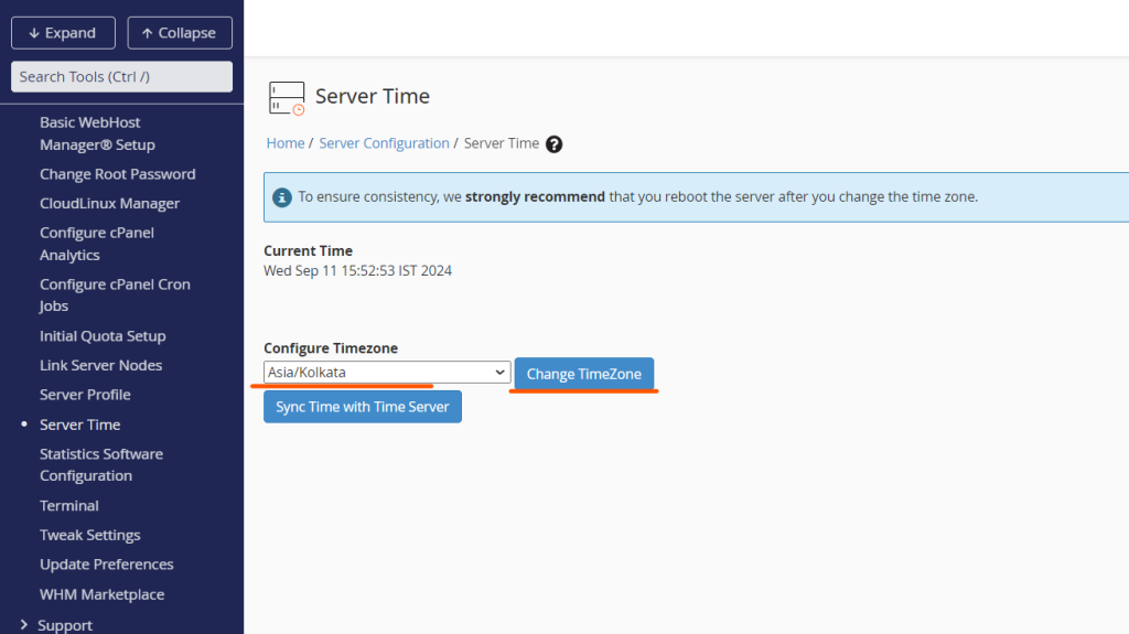 change server time in cpanel zone