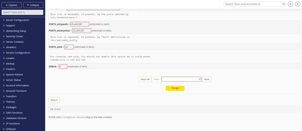 change settings in csf