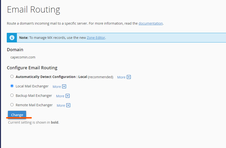 change the email routing in cpanel