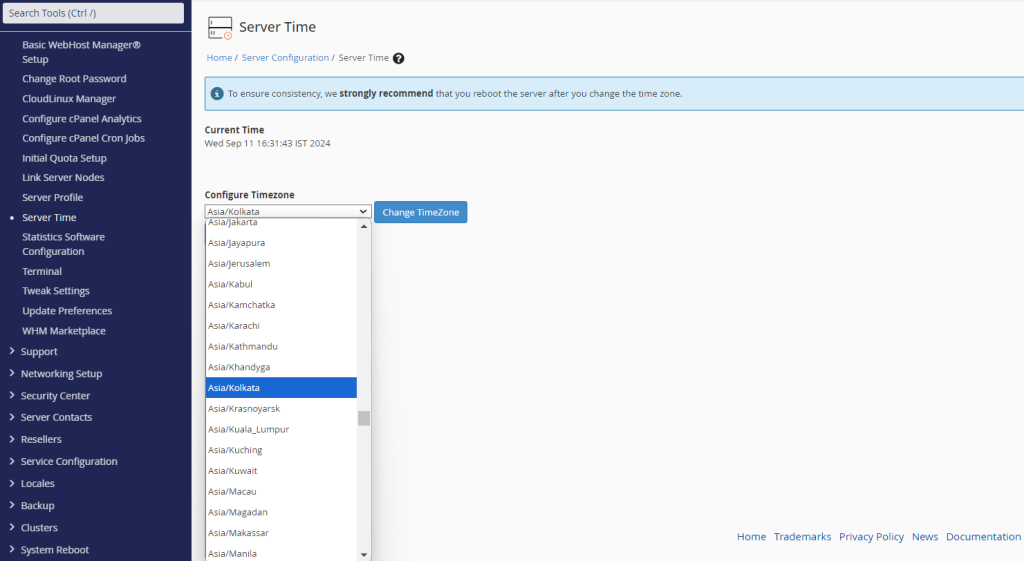 timezones in cpanel