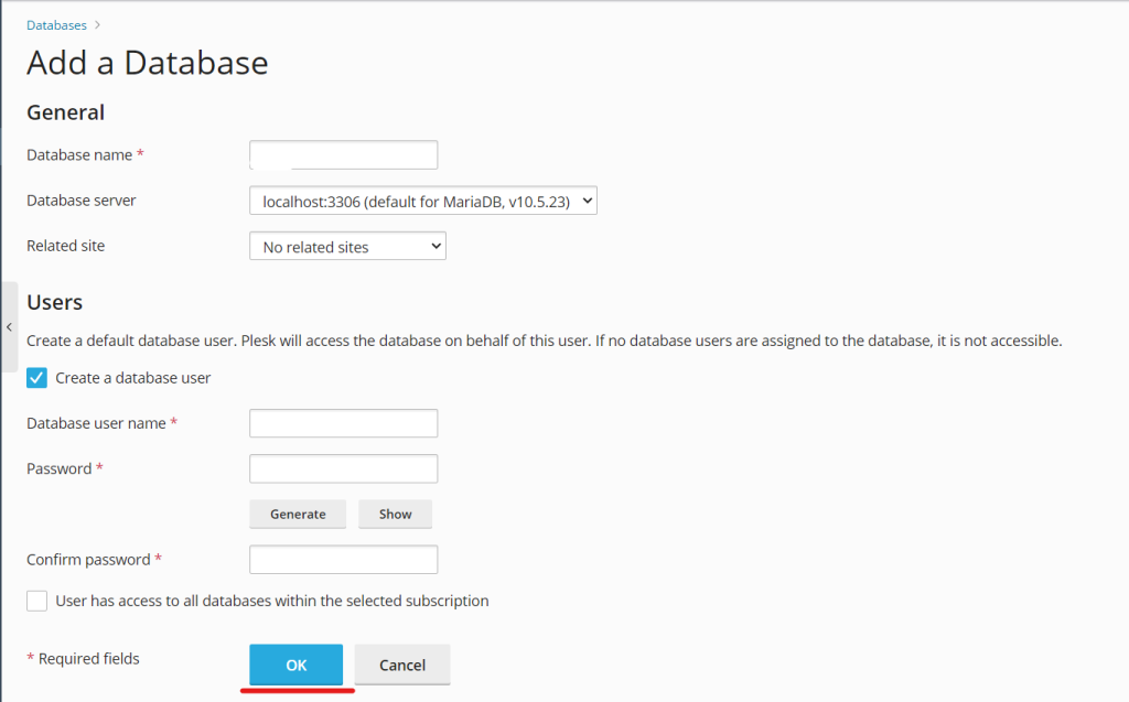 Create a database in plesk