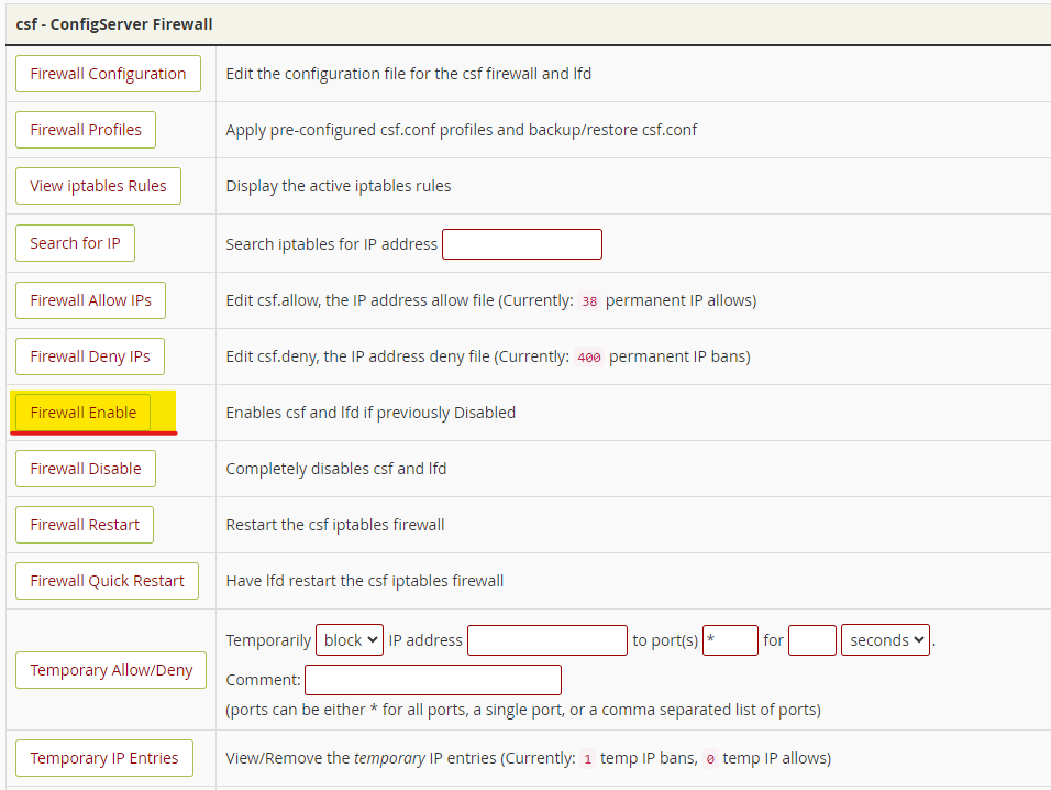 enable the lfd in cpanel