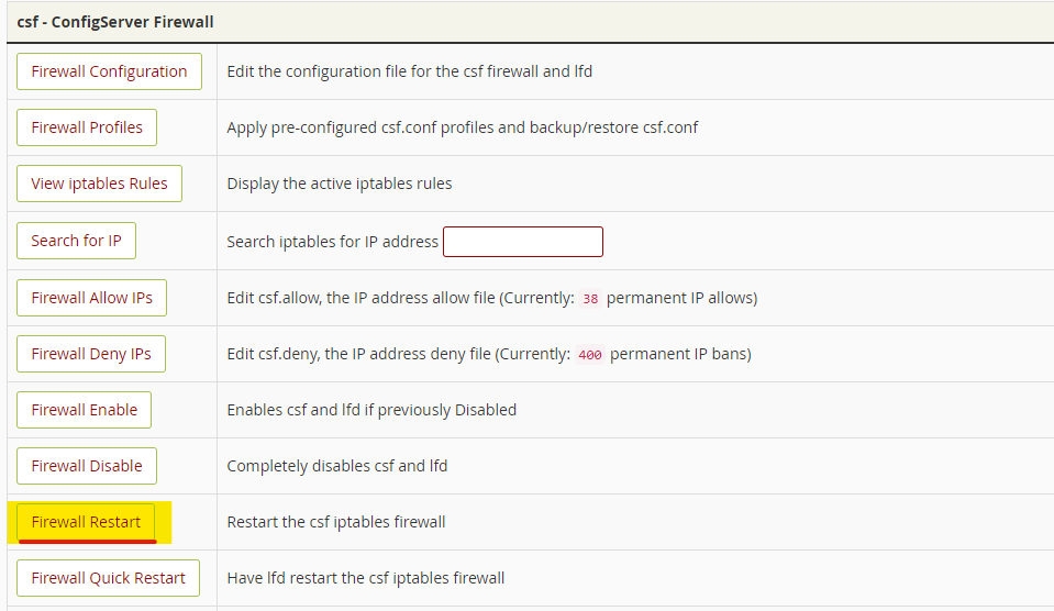 restart the lfd in cpanel