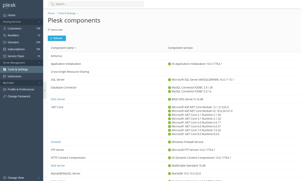 server components in plesk