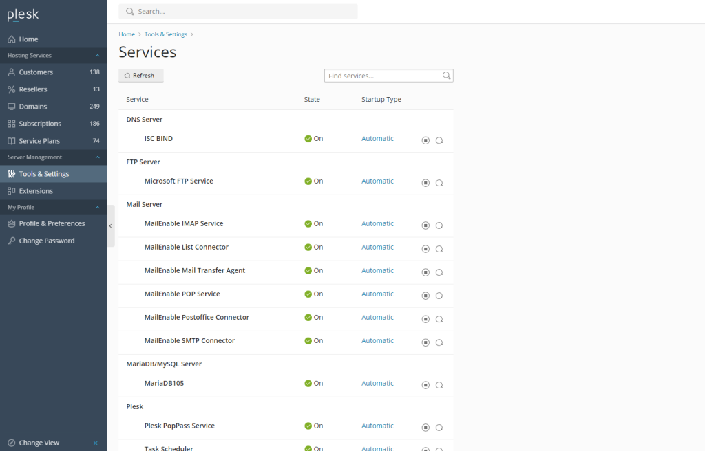 services in plesk