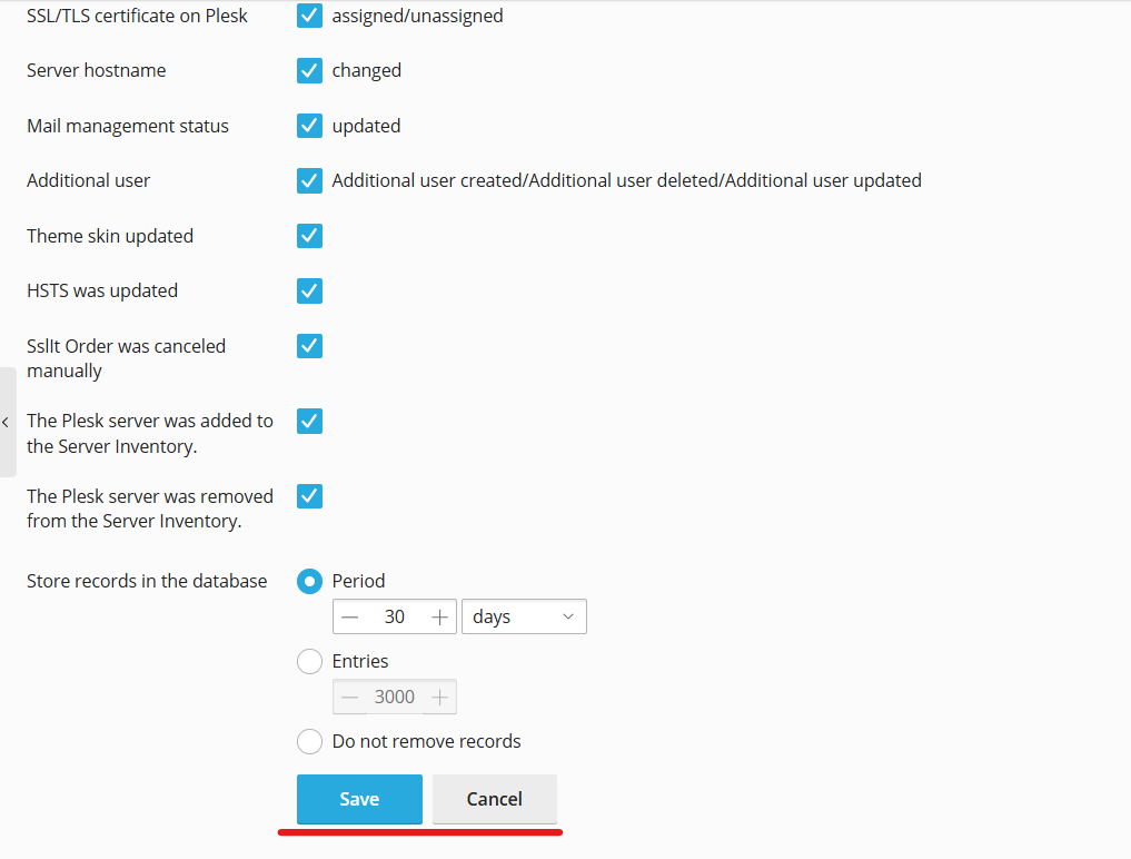 Action Log in Plesk filtering