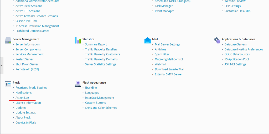 Action log in Plesk
