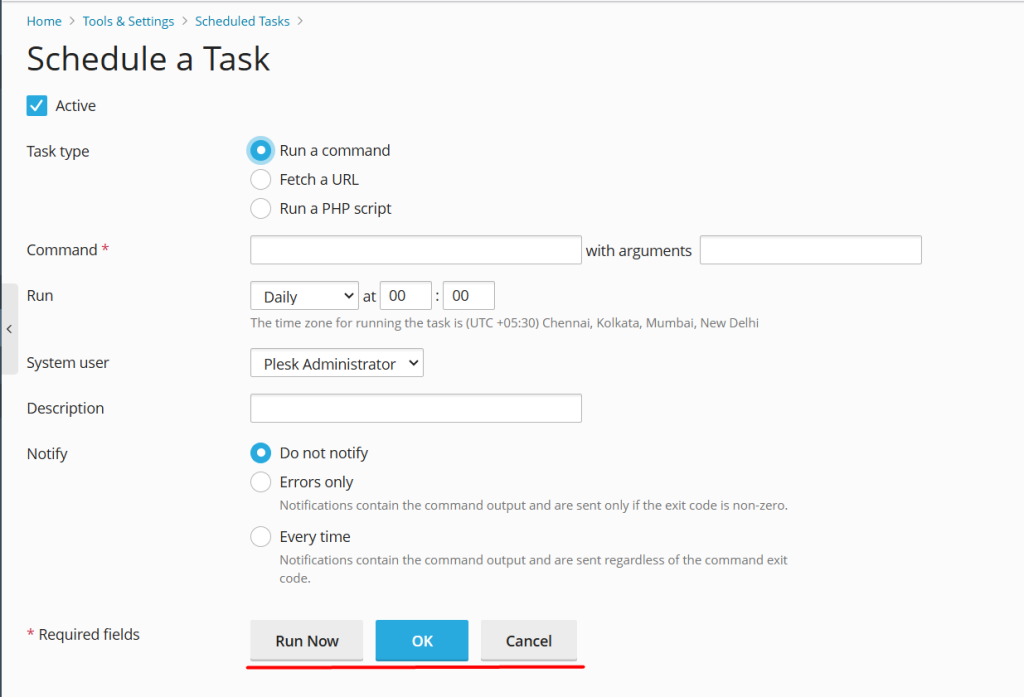 Create a Cron jobs using Run a command