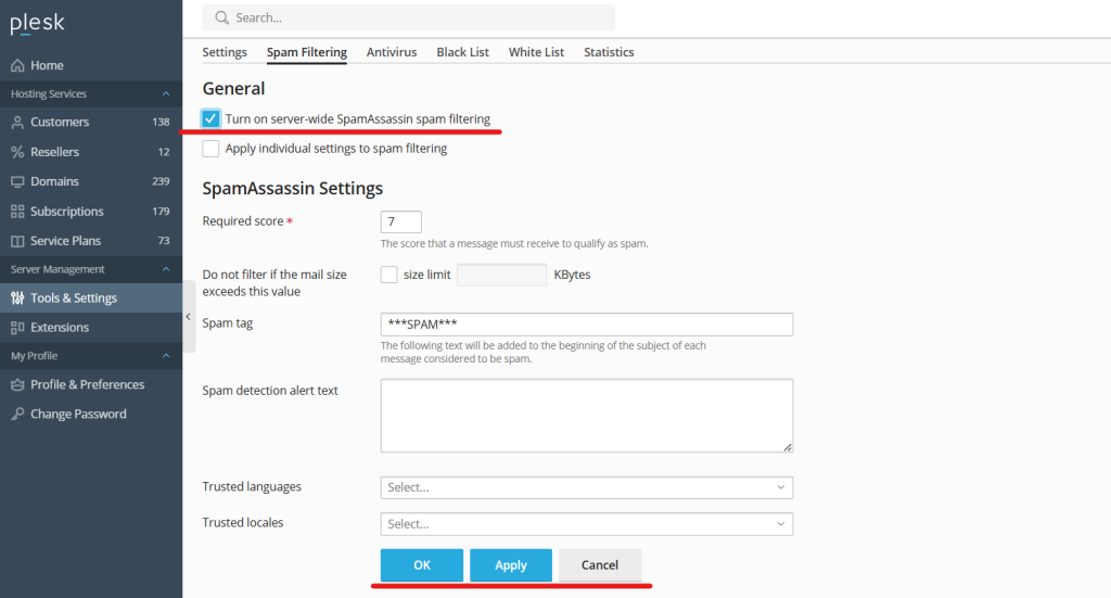 Server-Wide Spam Filtering
