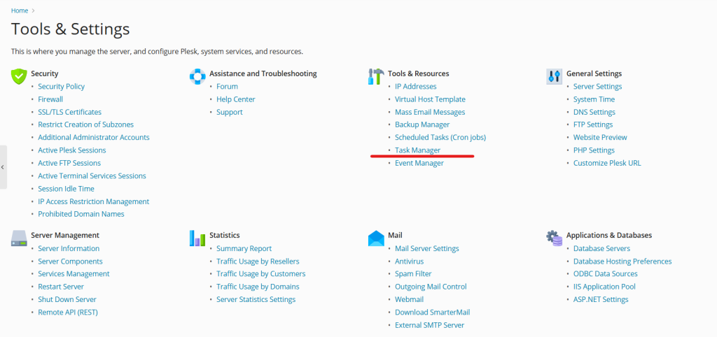 Task manager in plesk