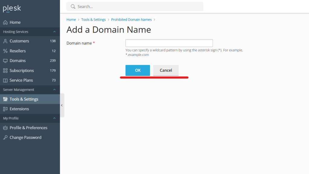 add a prohibited domain names
