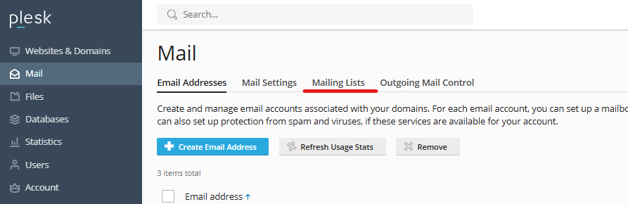 choose a Mailing List in Plesk