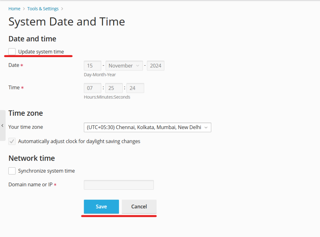 system date and time in plesk