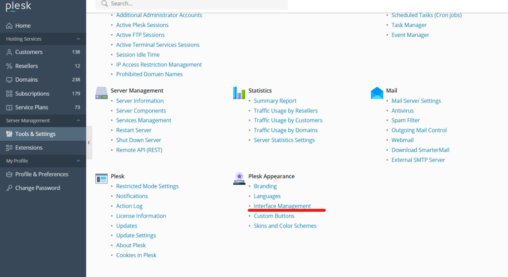 Interface Management in Plesk