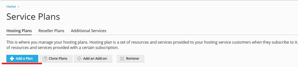 add a plan in plesk